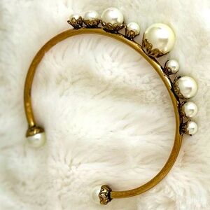 Gold Tone Pearl Statement Open Bangle Bracelet